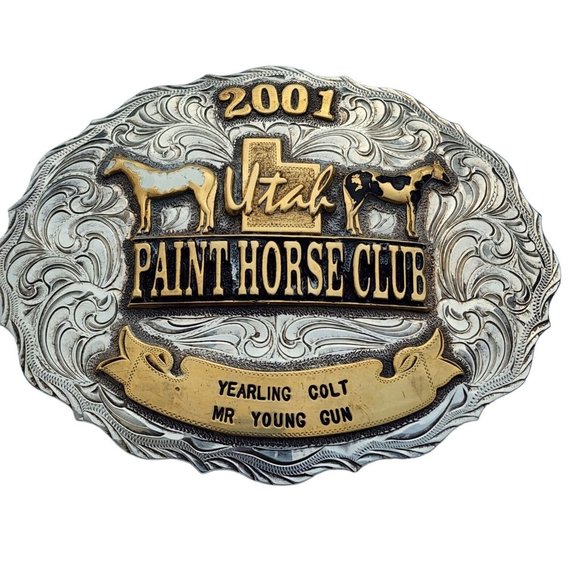 Kathy's Vintage Sterling Overlay Trophy Belt Buckle Yearling Colt Utah 2001 - Picture 1 of 9
